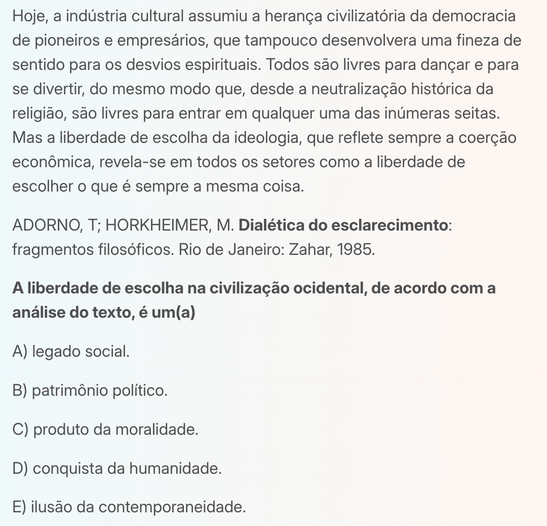 Questão do ENEM 2016 de Ciências Humanas sobre indústria cultural
